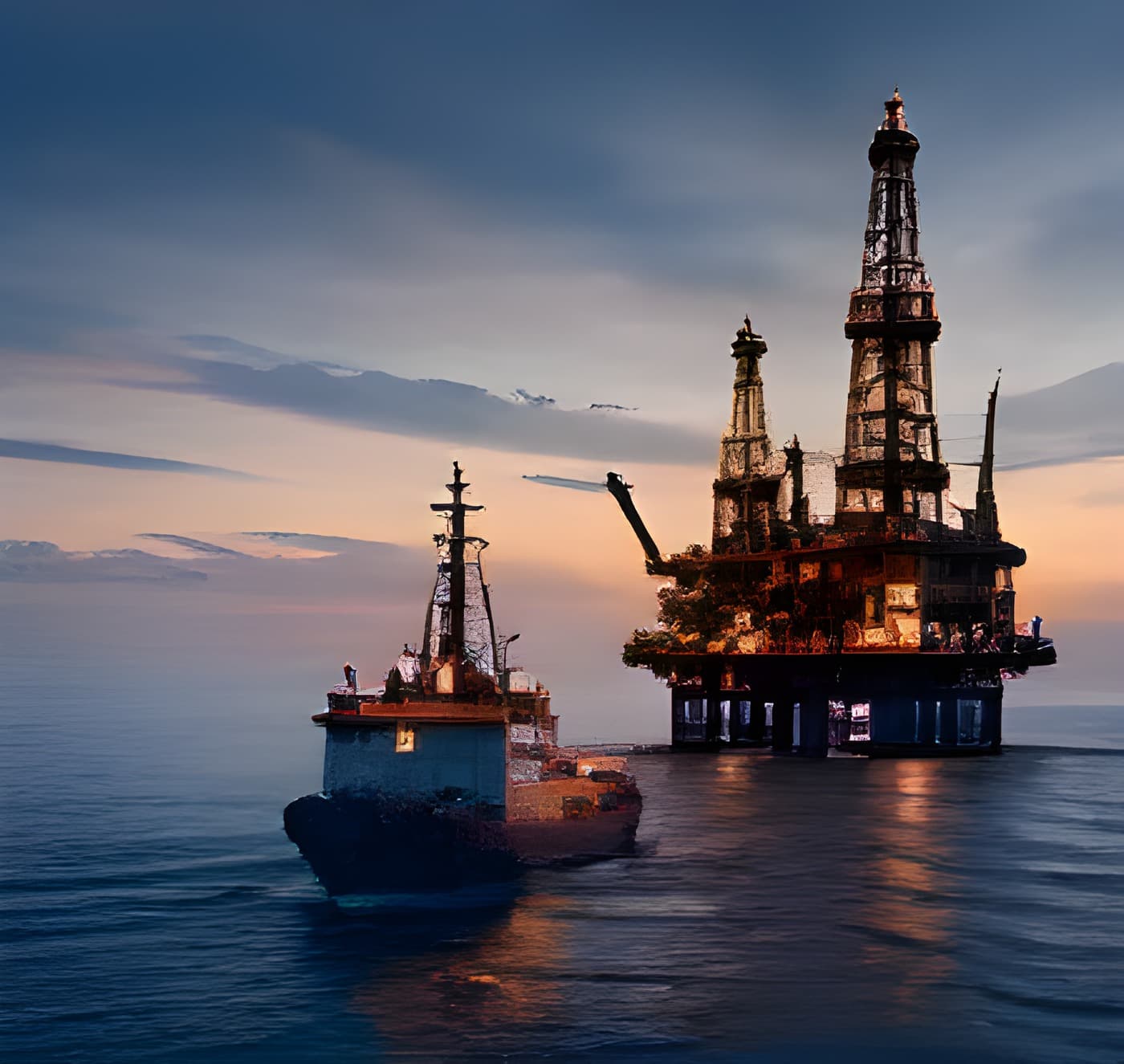 Offshore oil platform and support vessel at dusk