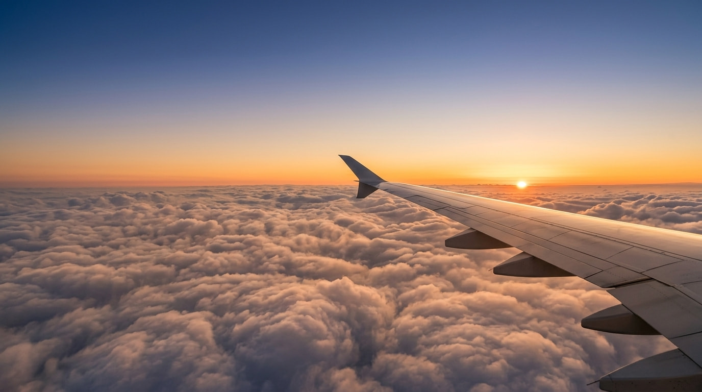 Travel Explorer flight over clouds at sunset