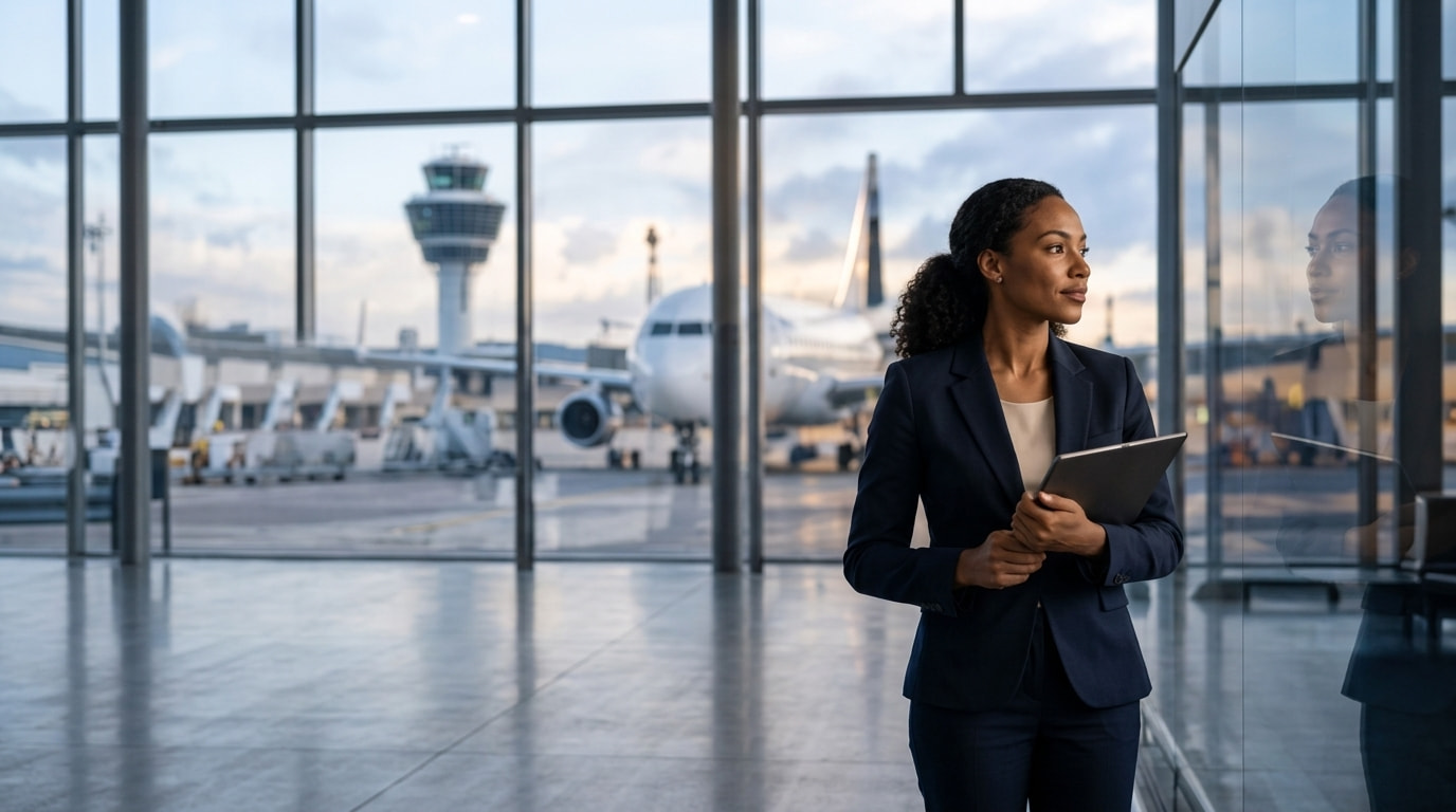 Travel Explorer airport terminal with corporate traveller