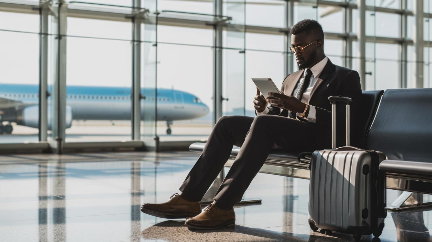 Business traveller with a tablet in an airport lounge